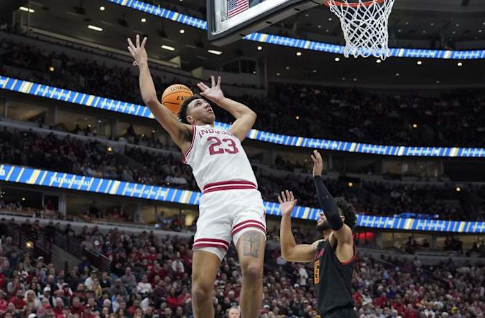 Trayce Jackson-Davis (23) is unable to catch a wild pass during Indiana's matchup with the Maryland Terrapins.